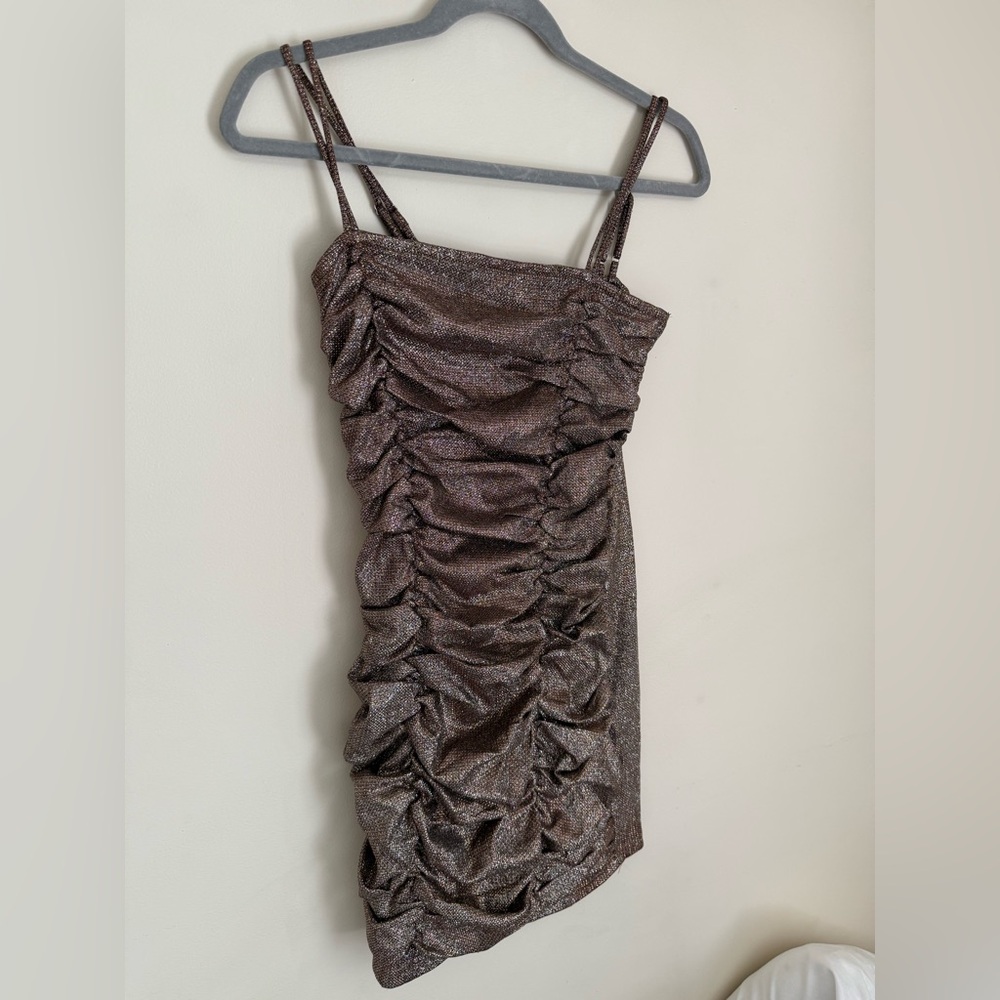 Shimmering Ruched Brown Mini Dress